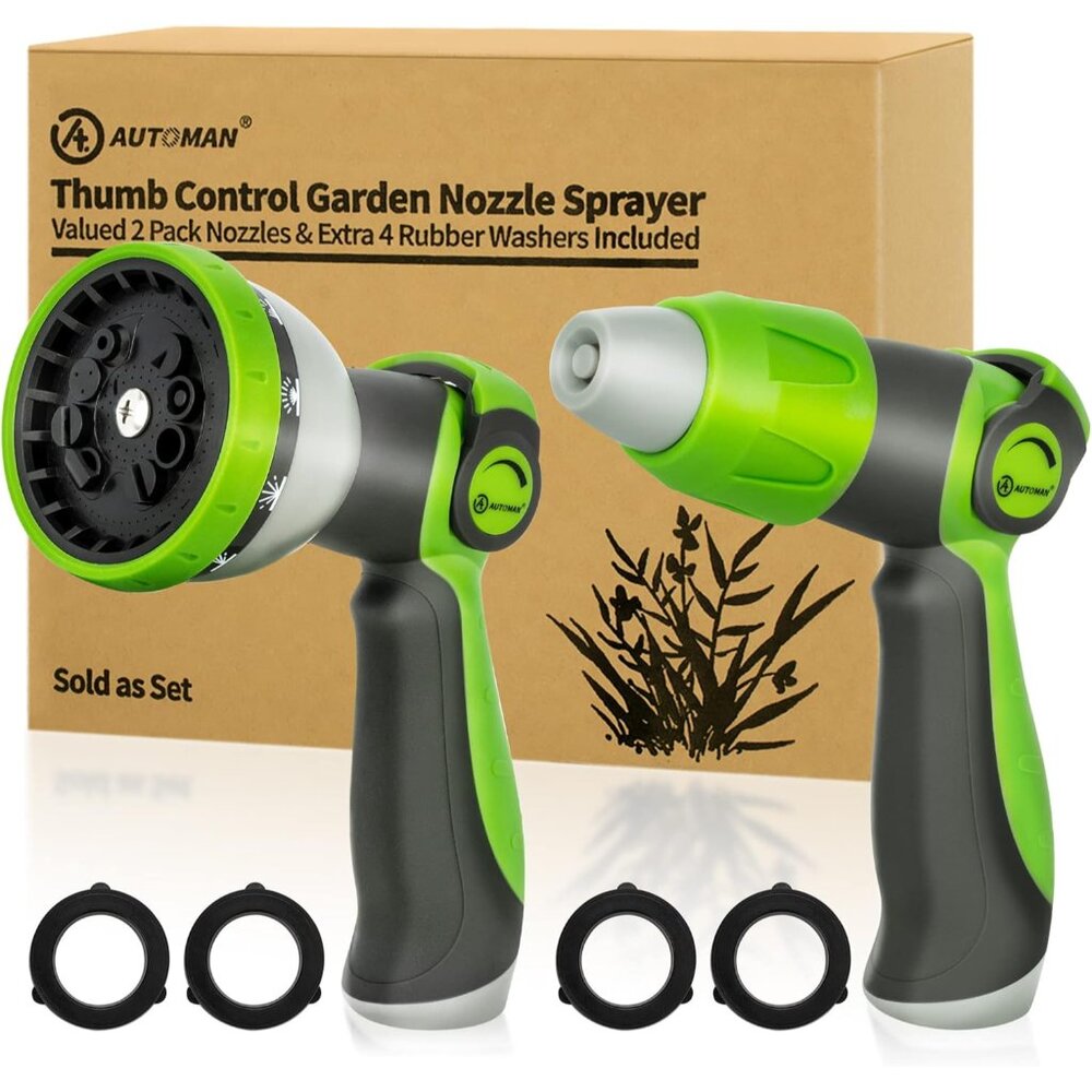 Garden Hose Nozzle - 2 Pack, Thumb Control Sprayer, Slip-Resistant Water Nozzle,